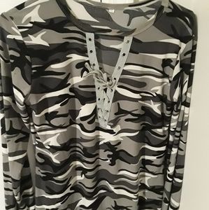 Grey Camoflage lace up shirt top size XL
